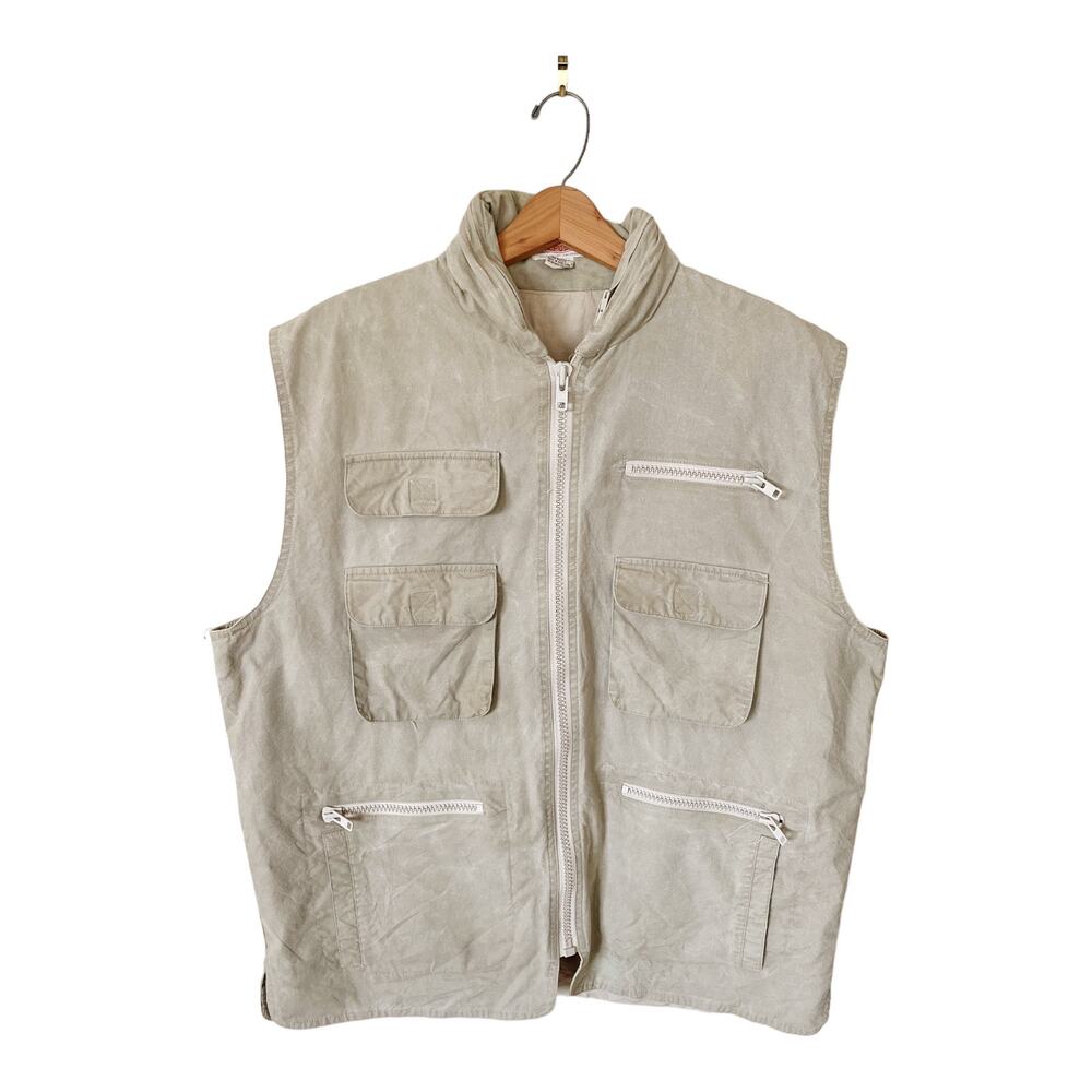 VINTAGE BANANA REPUBLIC Bush Vest Hoodie Tan Khaki Cargo Zip Pockets Safari XL
